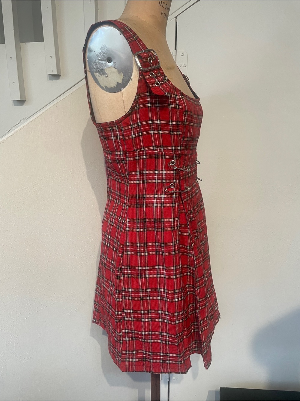 Genuine vintage Lip Service punk red plaid tartan safety pin mini dress L - Picture 4 of 5